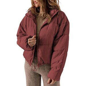Women’s Red 100% Polyester Warm Zip-Up Classic Quilted Puffer Jacket